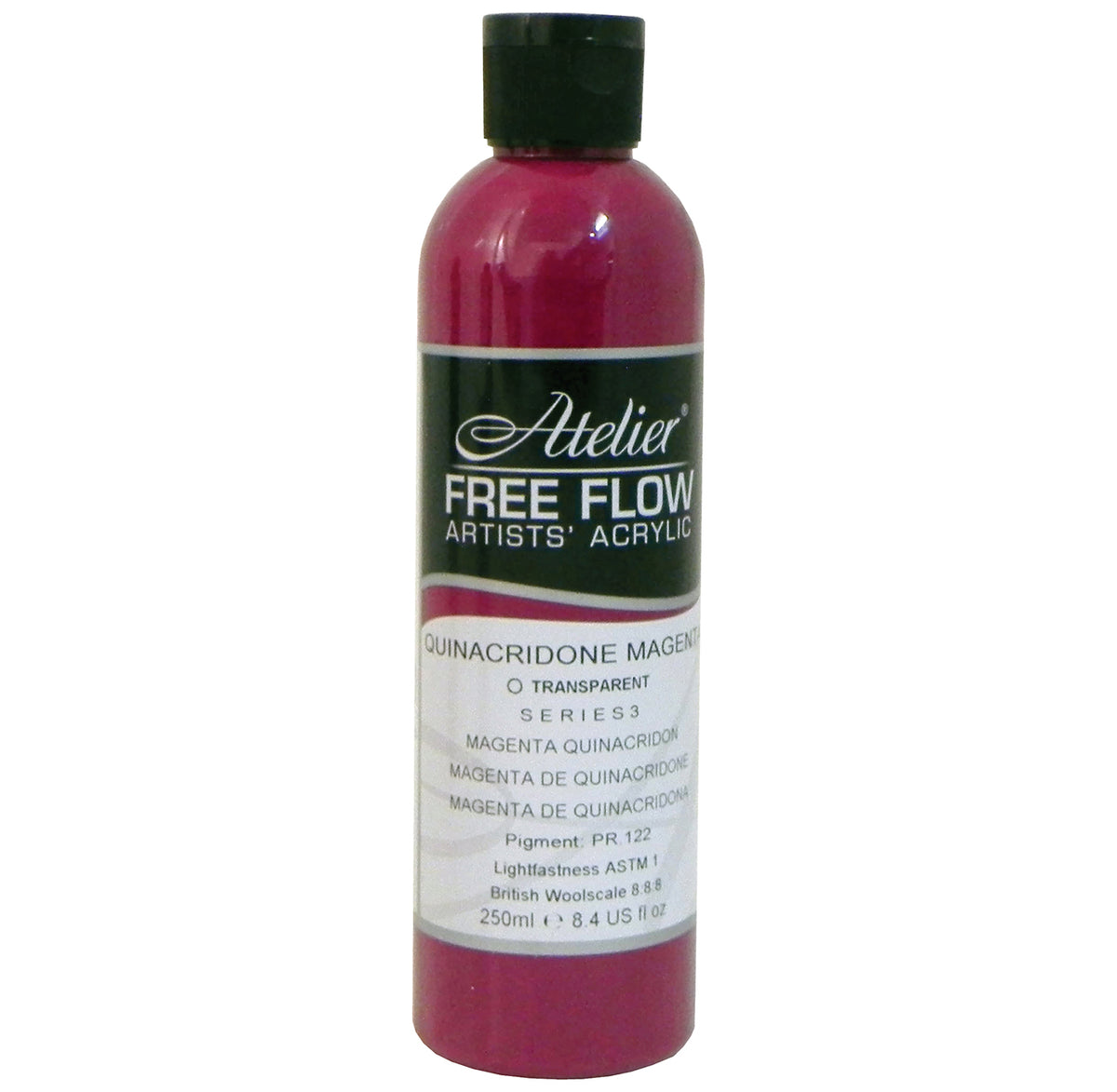 Chroma Atelier Free Flow Artists' Acrylic 250ml Quinacridone Magenta: 250ml bottle with black flip-top cap, label printing Quinacridone Magenta, transparent, Series 3
