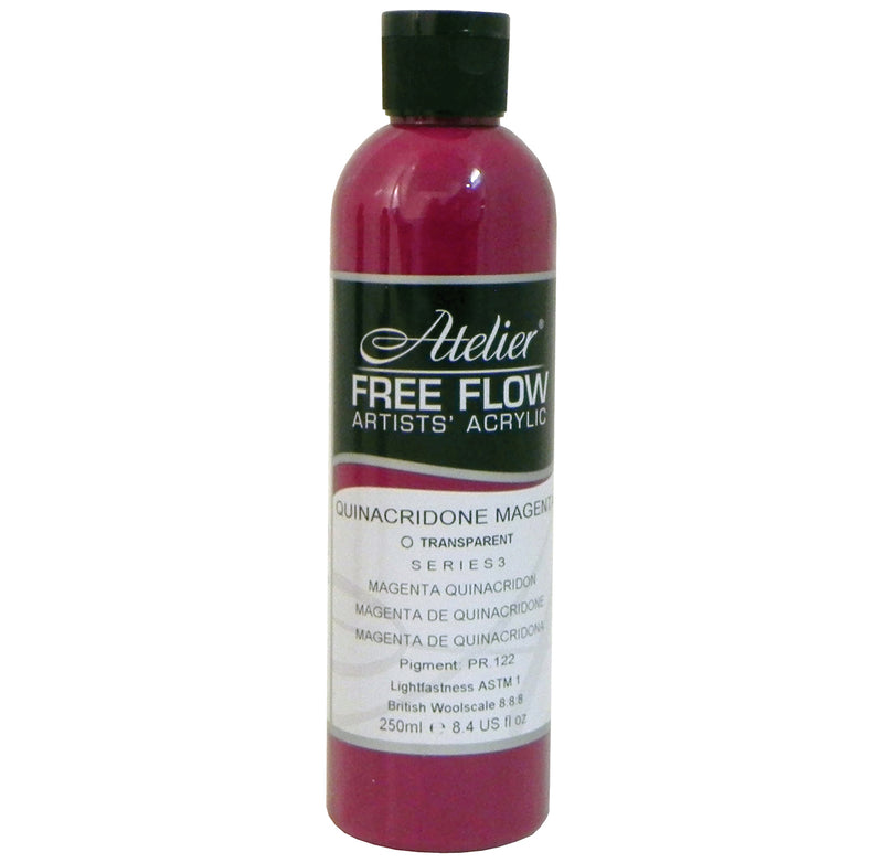 Chroma Atelier Free Flow Artists' Acrylic 250ml Quinacridone Magenta: 250ml bottle with black flip-top cap, label printing Quinacridone Magenta, transparent, Series 3