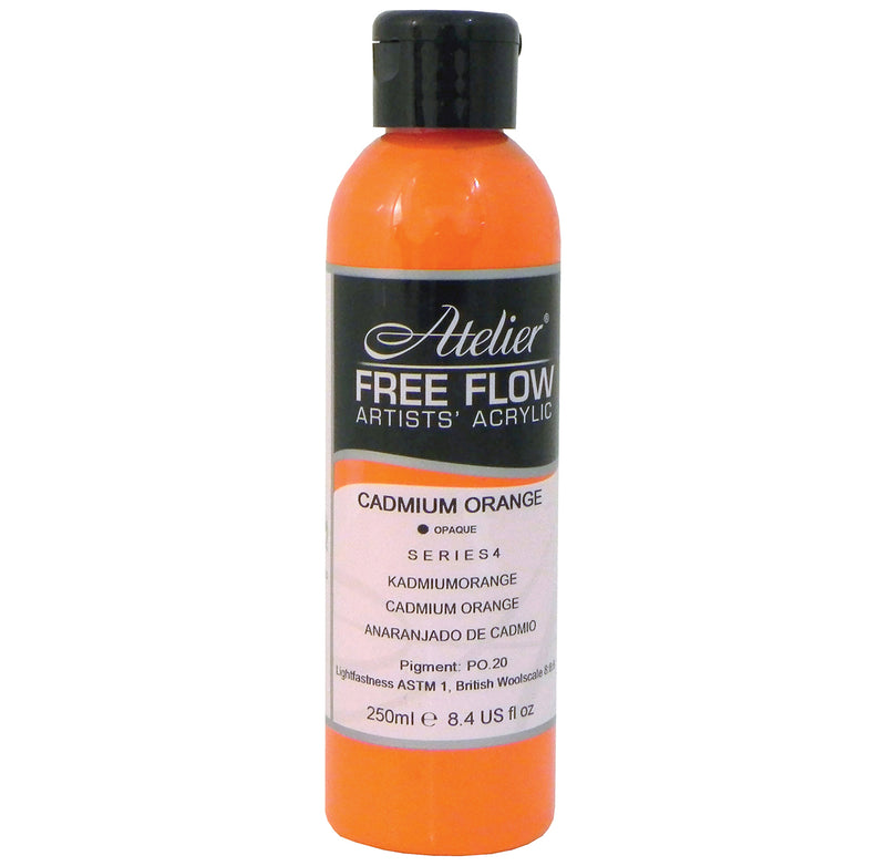 Chroma Atelier Free Flow Artists' Acrylic 250ml Cadmium Orange: 250ml bottle with black flip-top cap, label printing Cadmium Orange, opaque, Series 4