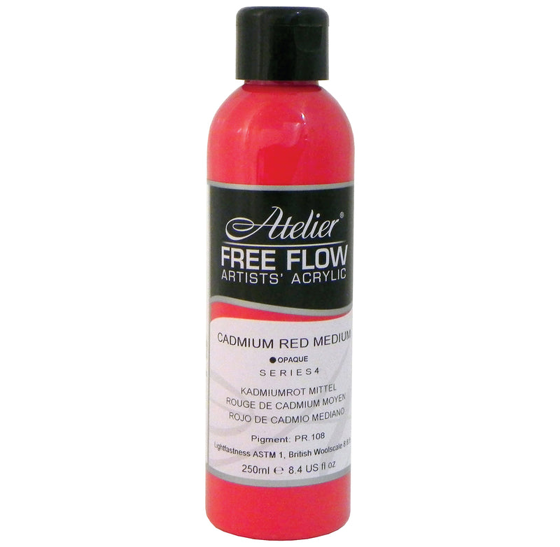 Chroma Atelier Free Flow Artists' Acrylic 250ml Cadmium Red Medium: 250ml bottle with black flip-top cap, label printing Cadmium Red Medium, opaque, Series 4