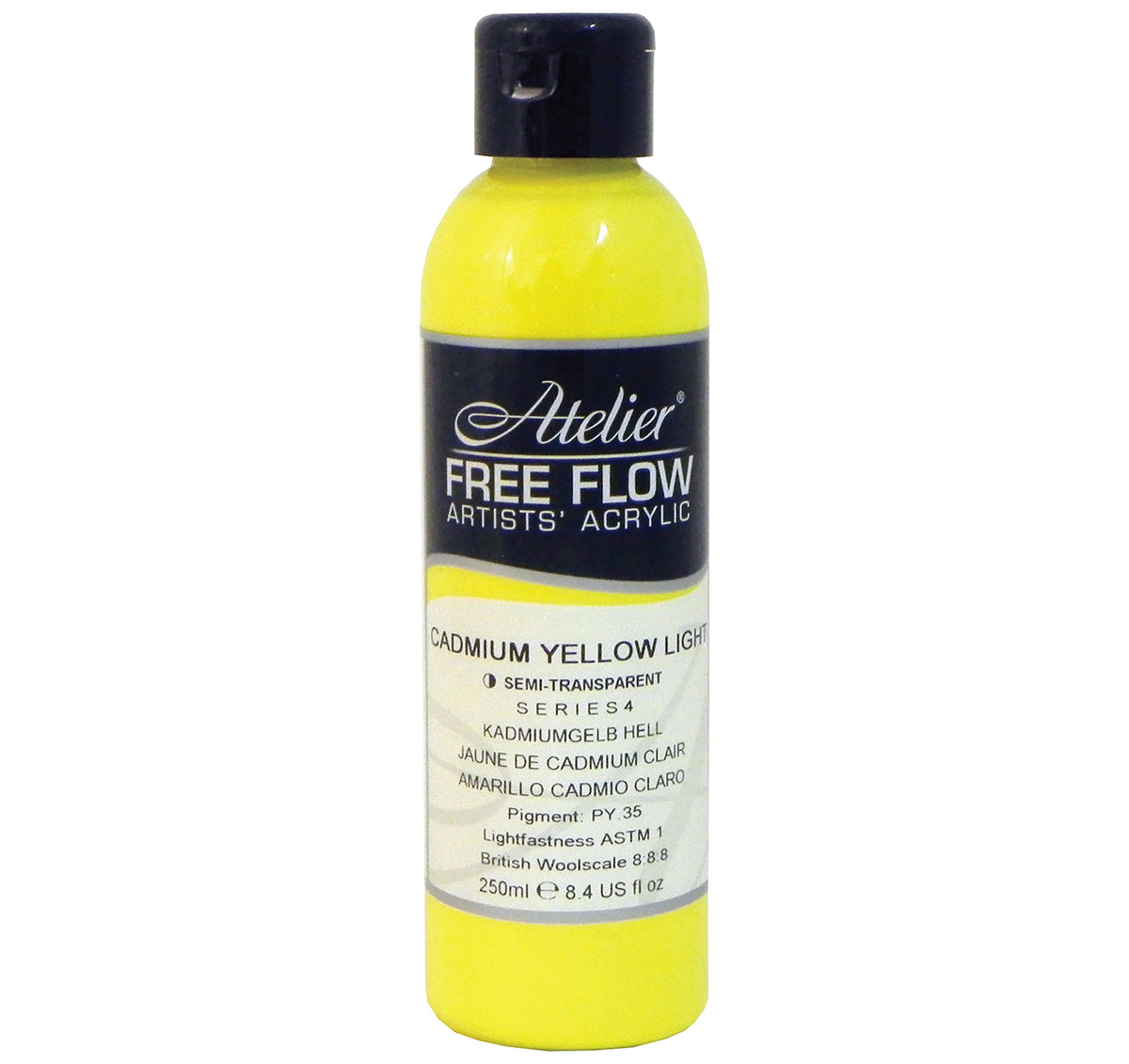 Chroma Atelier Free Flow Artists' Acrylic 250ml Cadmium Yellow Light: 250ml bottle with black flip-top cap, label printing Cadmium Yellow Light, semi-transparent, Series 4