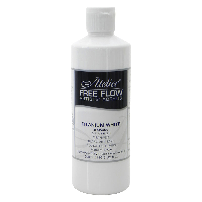 Chroma Atelier Free Flow Artists' Acrylic 500ml Titanium White: 500ml bottle with flip-top cap, black Atelier label naming Titanium White, Series 1