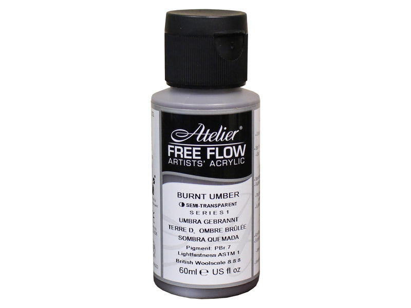 Chroma Atelier Free Flow Artists' Acrylic 60ml Burnt Umber: 60ml bottle with flip-top cap, black Atelier label naming Burnt Umber, Series 1