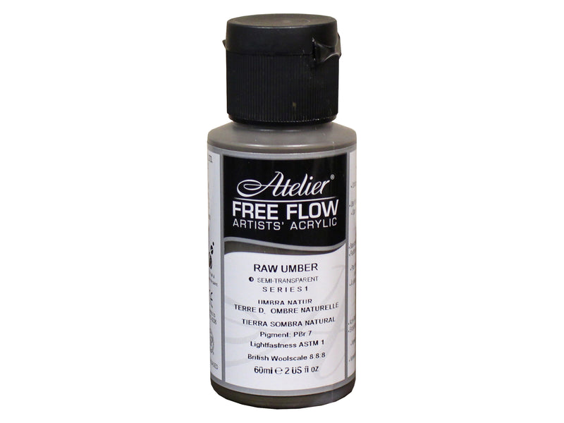 Chroma Atelier Free Flow Artists' Acrylic 60ml Raw Umber: 60ml bottle with flip-top cap, black Atelier label naming Raw Umber, Series 1
