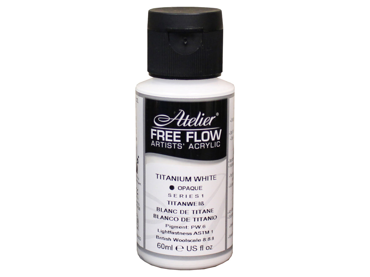 Chroma Atelier Free Flow Artists' Acrylic 60ml Titanium White: 60ml bottle with flip-top cap, black Atelier label naming Titanium White, Series 1
