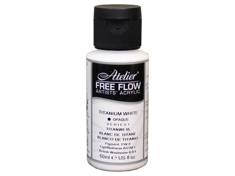 Chroma Atelier Free Flow Artists' Acrylic 60ml Titanium White: 60ml bottle with flip-top cap, black Atelier label naming Titanium White, Series 1