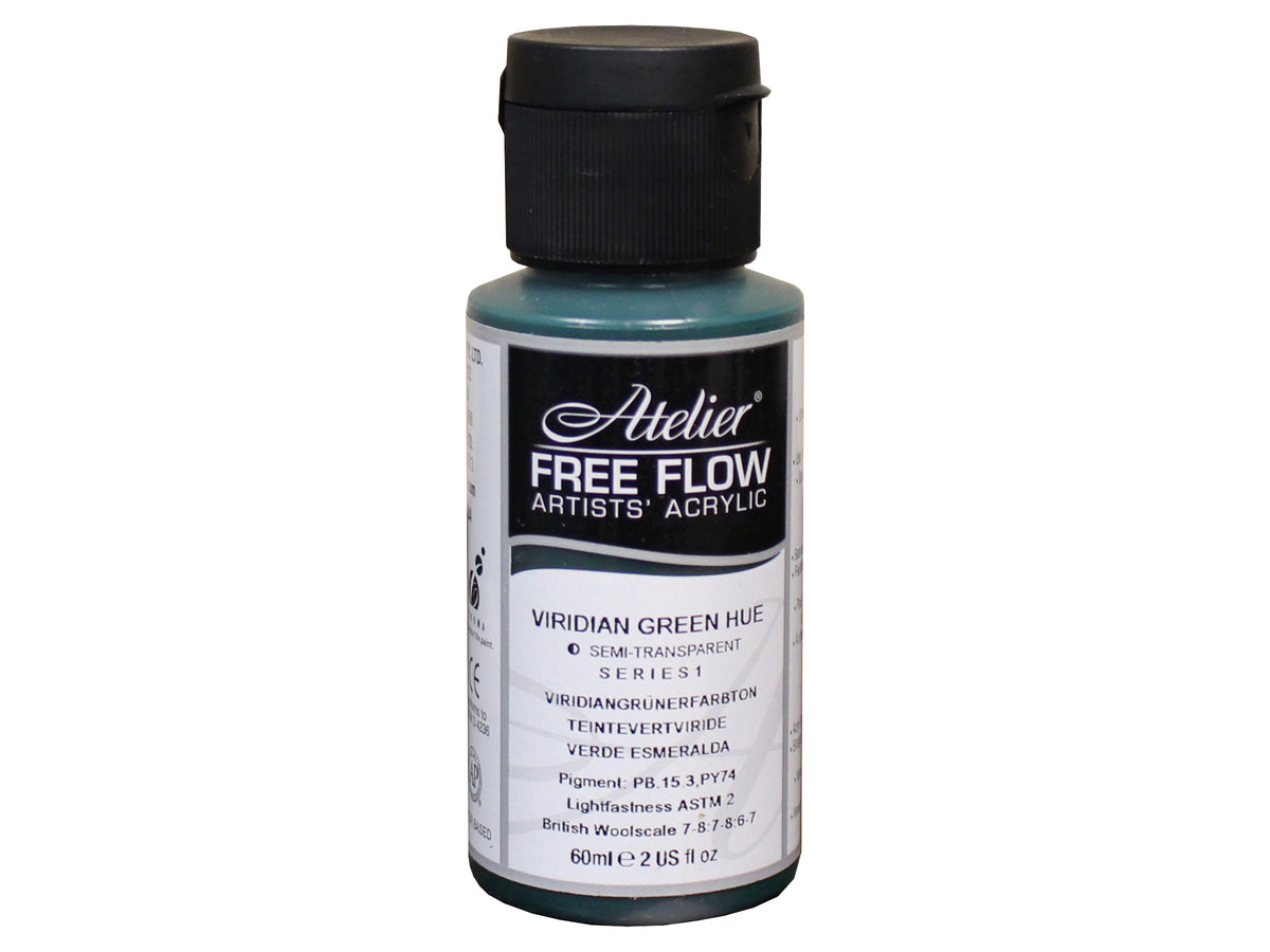 Chroma Atelier Free Flow Artists' Acrylic 60ml Viridian Green Hue: 60ml bottle with flip-top cap, black Atelier label naming Viridian Green Hue, Series 1