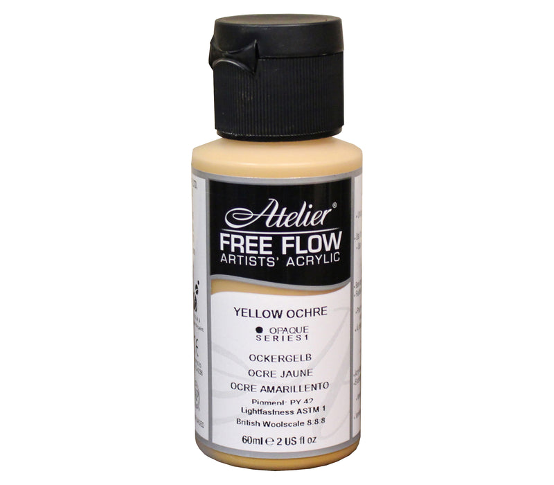 Chroma Atelier Free Flow Artists' Acrylic 60ml Yellow Ochre: 60ml bottle with flip-top cap, black Atelier label naming Yellow Ochre, Series 1