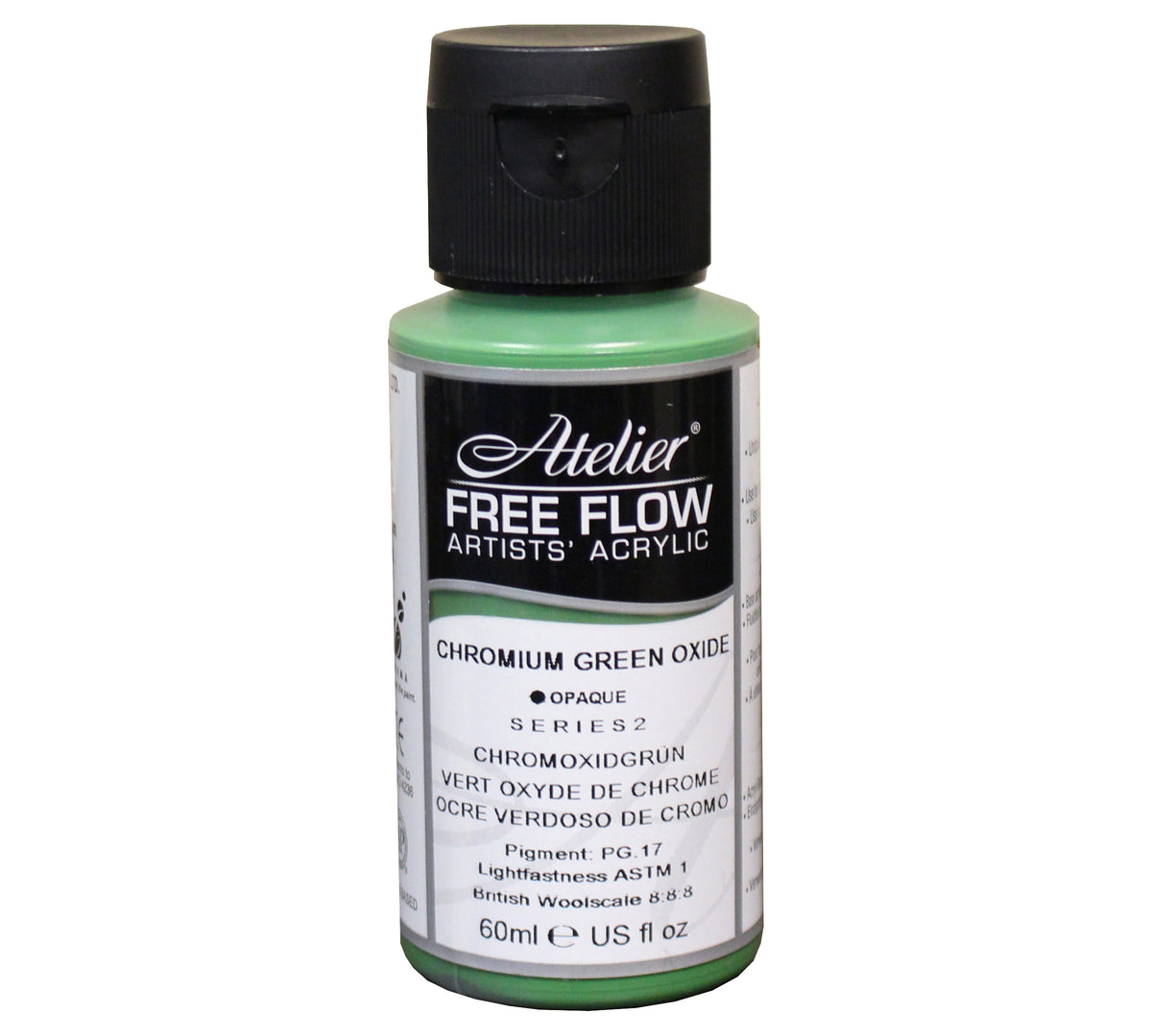 Chroma Atelier Free Flow Artists' Acrylic 60ml Chromium Green Oxide: 60ml bottle with flip-top cap, black Atelier label naming Chromium Green Oxide, Series 2