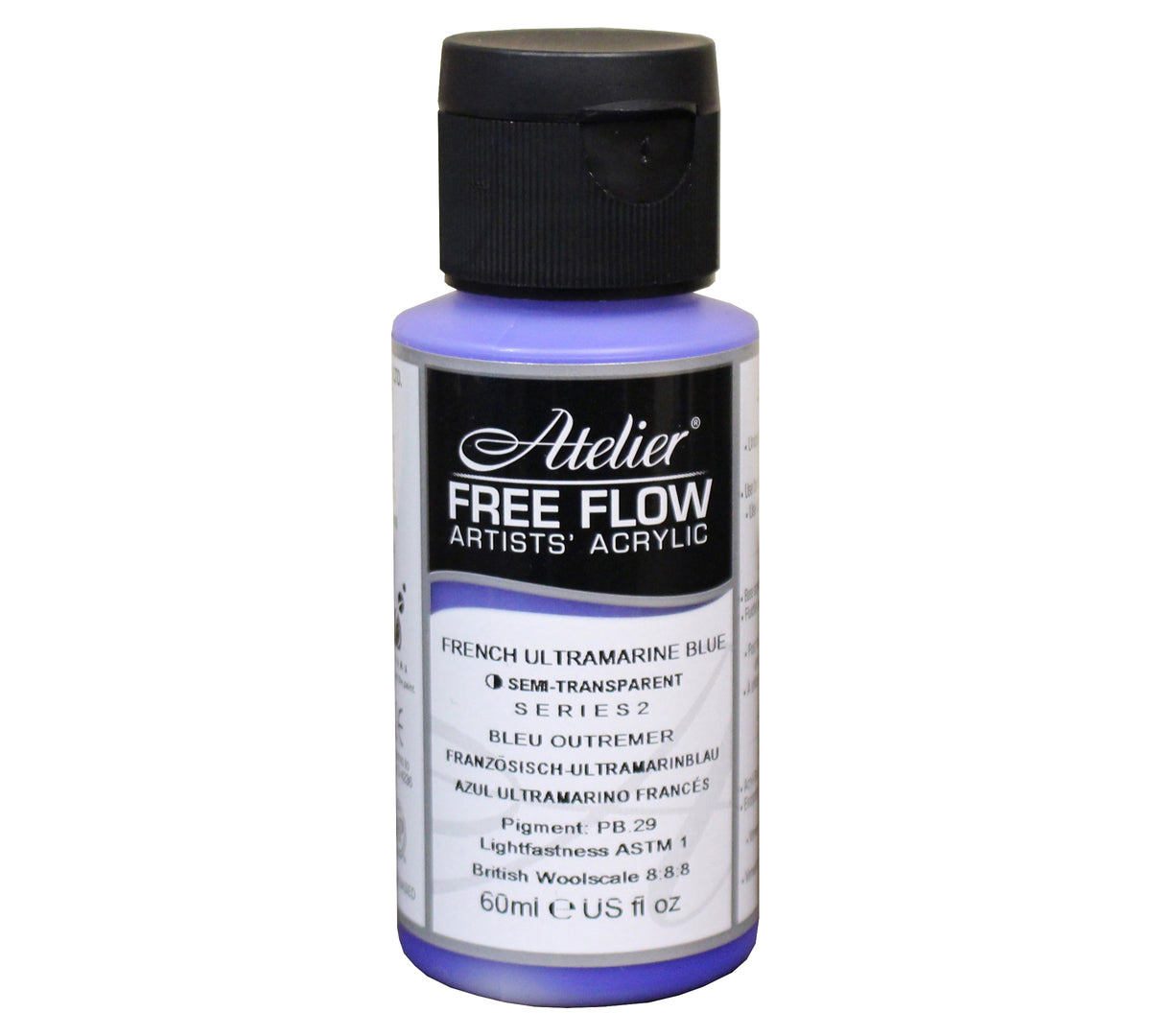 Chroma Atelier Free Flow Artists' Acrylic 60ml French Ultramarine Blue: 60ml bottle with flip-top cap, black Atelier label naming French Ultramarine Blue, Series 2