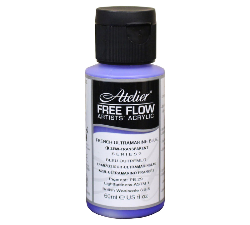 Chroma Atelier Free Flow Artists' Acrylic 60ml French Ultramarine Blue: 60ml bottle with flip-top cap, black Atelier label naming French Ultramarine Blue, Series 2