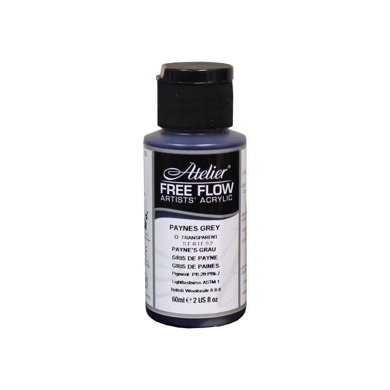 Chroma Atelier Free Flow Artists' Acrylic 60ml Paynes Grey: 60ml bottle with flip-top cap, black Atelier label naming Paynes Grey, Series 2