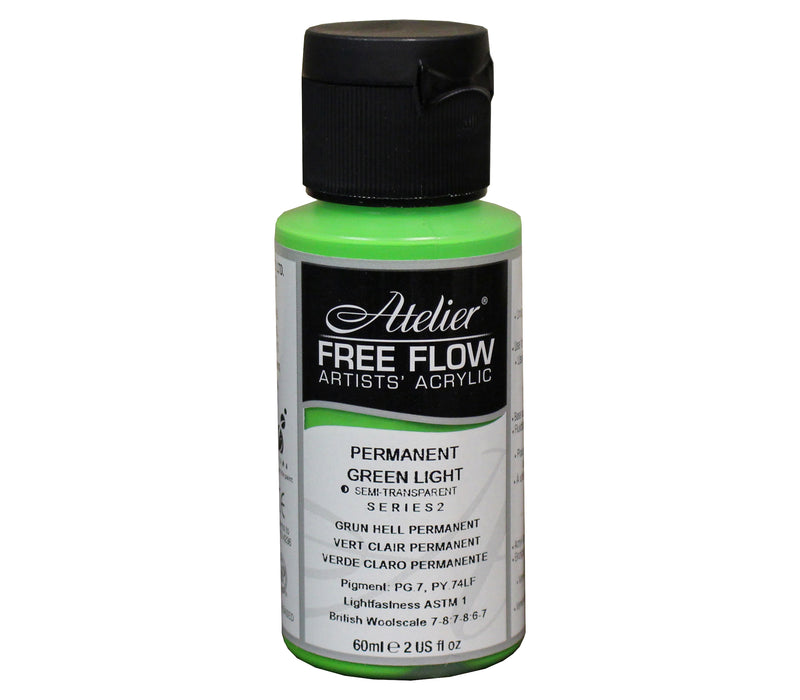 Chroma Atelier Free Flow Artists' Acrylic 60ml Permanent Green Light: 60ml bottle with black flip-top cap, label printing Permanent Green Light, semi-transparent, Series 2