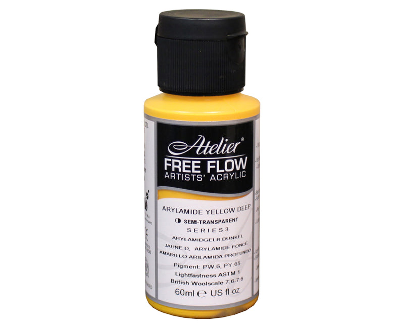 Chroma Atelier Free Flow Artists' Acrylic 60ml Arylamide Yellow Deep: 60ml bottle with black flip-top cap, label printing Arylamide Yellow Deep, semi-transparent, Series 3