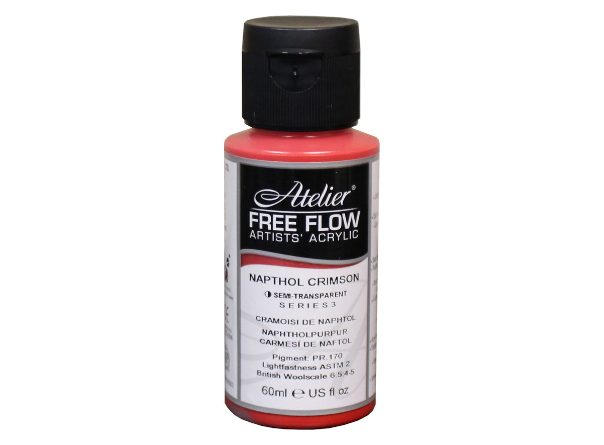 Chroma Atelier Free Flow Artists' Acrylic 60ml Napthol Crimson: 60ml bottle with black flip-top cap, label printing Napthol Crimson, semi-transparent, Series 3