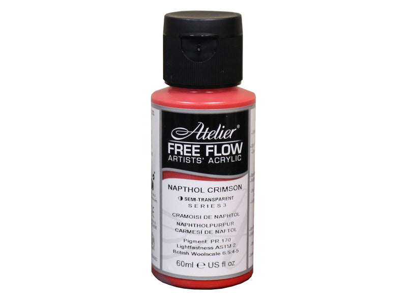 Chroma Atelier Free Flow Artists' Acrylic 60ml Napthol Crimson: 60ml bottle with black flip-top cap, label printing Napthol Crimson, semi-transparent, Series 3