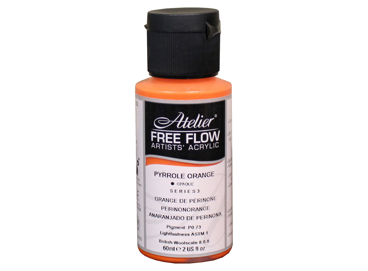 Chroma Atelier Free Flow Artists' Acrylic 60ml Pyrrole Orange: 60ml bottle with black flip-top cap, label printing Pyrrole Orange, opaque, Series 3