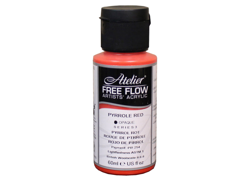 Chroma Atelier Free Flow Artists' Acrylic 60ml Pyrrole Red: 60ml bottle with black flip-top cap, label printing Pyrrole Red, opaque, Series 3
