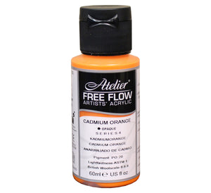 Chroma Atelier Free Flow Artists' Acrylic 60ml Cadmium Orange: 60ml bottle with black flip-top cap, label printing Cadmium Orange, opaque, Series 4