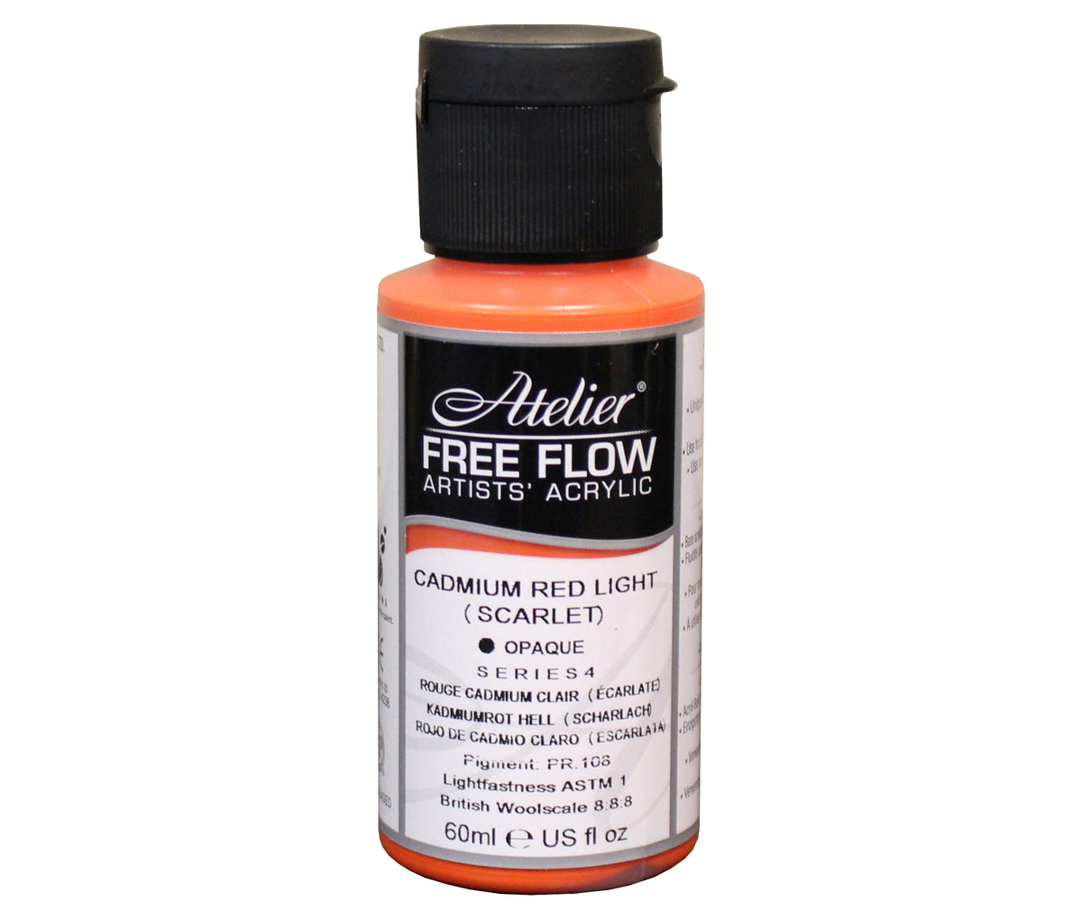 Chroma Atelier Free Flow Artists' Acrylic 60ml Cadmium Red Light (Scarlet): 60ml bottle with black flip-top cap, label printing Cadmium Red Light (Scarlet), opaque, Series 4