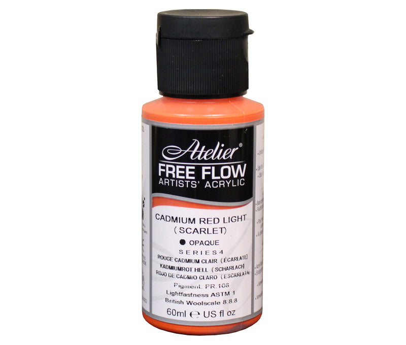 Chroma Atelier Free Flow Artists' Acrylic 60ml Cadmium Red Light (Scarlet): 60ml bottle with black flip-top cap, label printing Cadmium Red Light (Scarlet), opaque, Series 4
