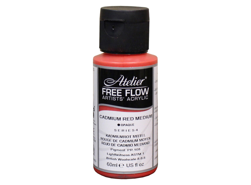 Chroma Atelier Free Flow Artists' Acrylic 60ml Cadmium Red Medium: 60ml bottle with black flip-top cap, label printing Cadmium Red Medium, opaque, Series 4