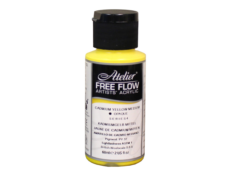 Chroma Atelier Free Flow Artists' Acrylic 60ml Cadmium Yellow Medium: 60ml bottle with black flip-top cap, label printing Cadmium Yellow Medium, opaque, Series 4
