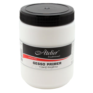 Chroma Atelier Traditional Gesso Primer 1 litre white tub with black screw lid and red Surface Prep label band