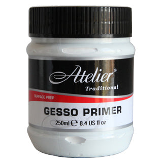 Chroma Atelier Traditional Gesso Primer 250ml white plastic jar with black ribbed screw lid and red Surface Prep band