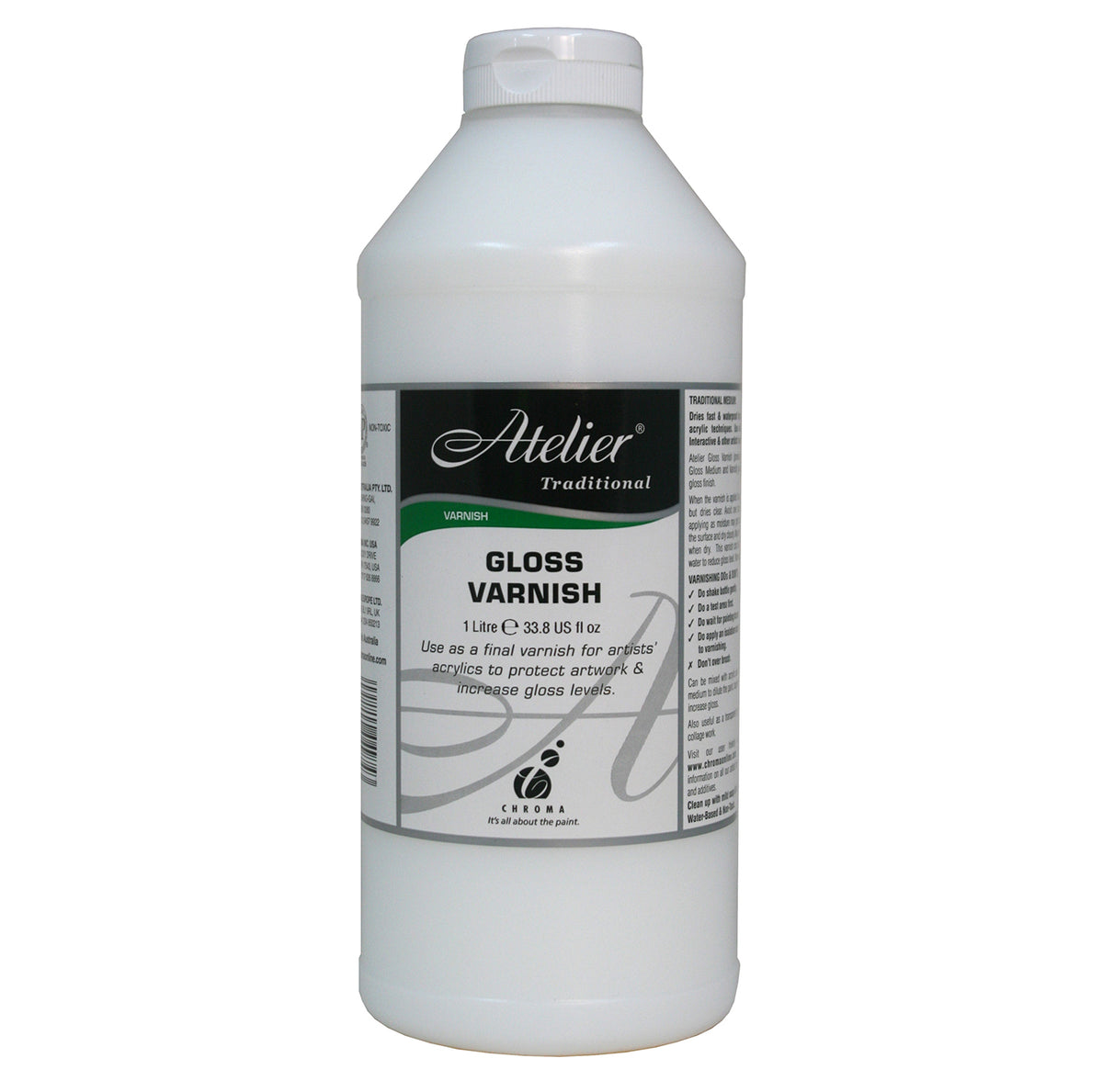 Chroma Atelier Traditional Gloss Varnish 1 litre white bottle with white cap, front and side panels of the label visible