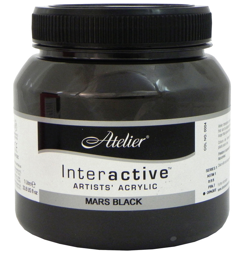 Atelier Interactive Artists' Acrylic Mars Black 1 litre container front with opaque symbol and colour number 0004