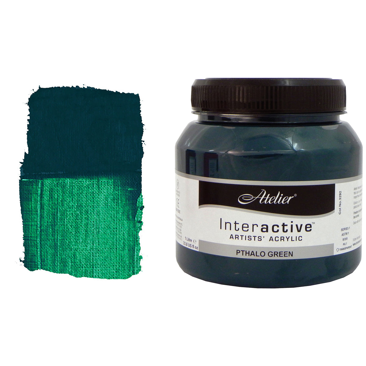 Atelier Interactive Pthalo Green 1 litre tub beside a swatch fading from dark blue-green to bright emerald