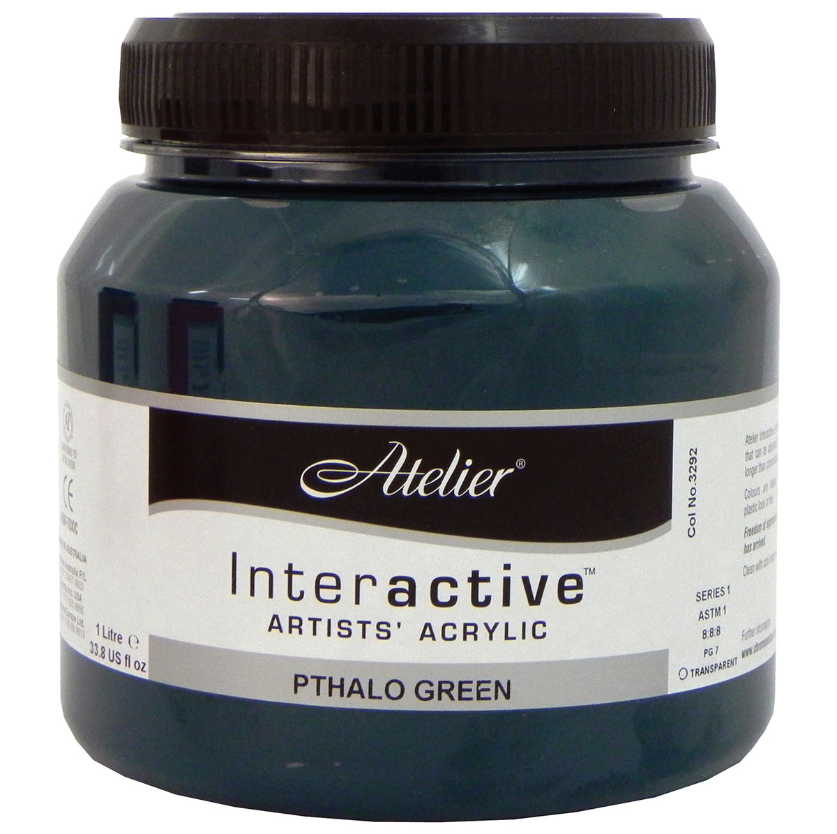 Atelier Interactive Artists' Acrylic Pthalo Green 1 litre container front showing colour number 3292 and PG 7