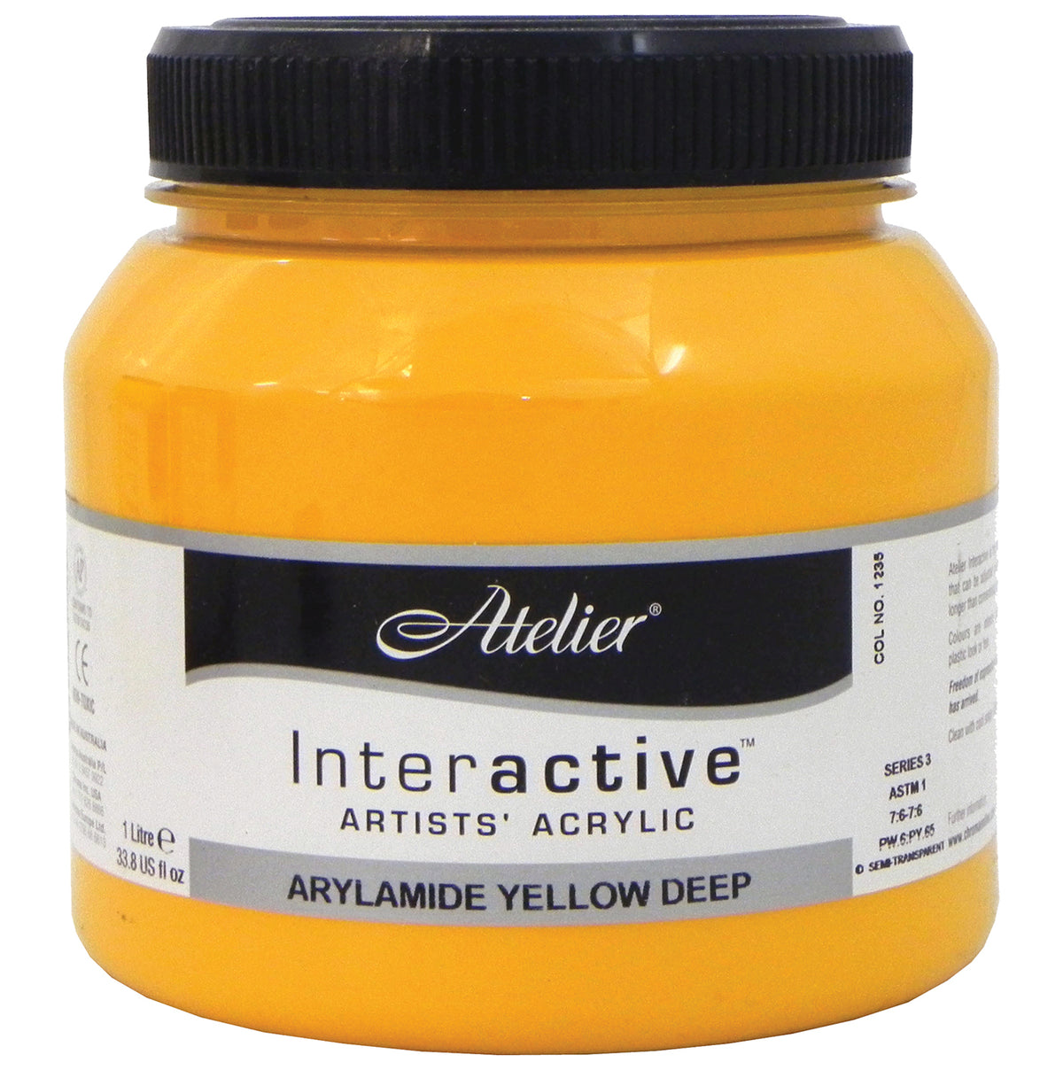 Atelier Interactive Artists' Acrylic Arylamide Yellow Deep 1 litre container with colour number 1235 and Series 3 printed
