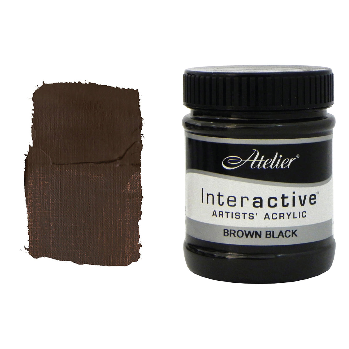 Chroma Atelier Interactive Acrylic Paint 250ml Brown Black: jar beside a thick painted swatch of a dark chocolate brown sitting close to black