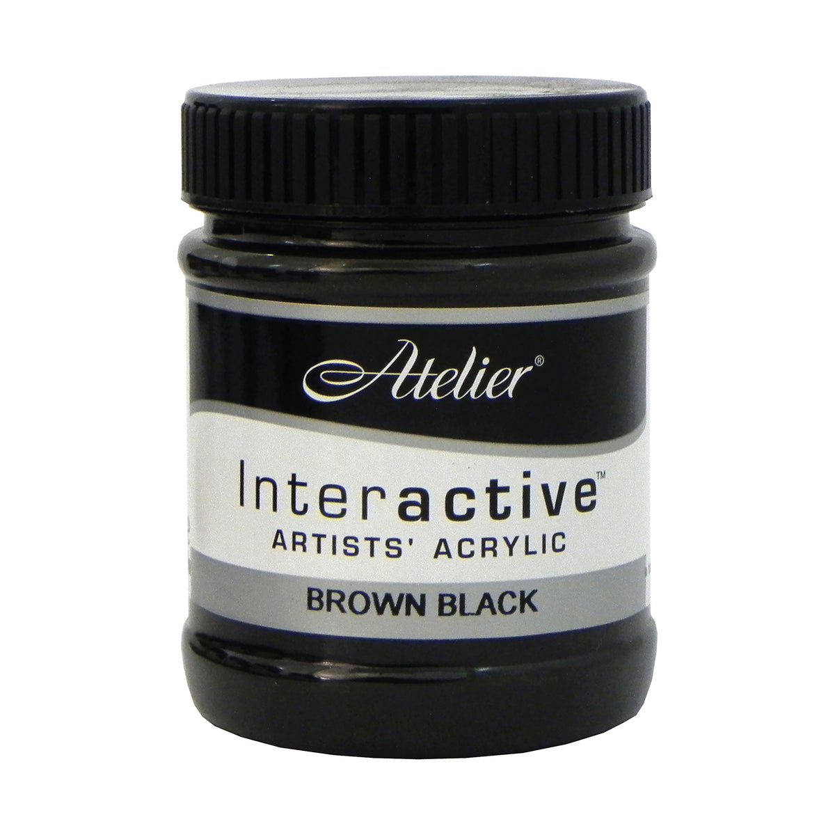 Chroma Atelier Interactive Acrylic Paint 250ml Brown Black: front view of the jar, label reading Interactive Artists' Acrylic BROWN BLACK