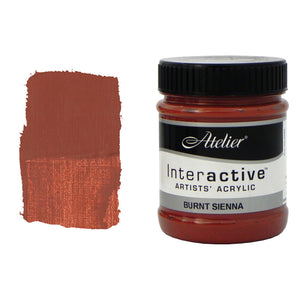 Chroma Atelier Interactive Acrylic Paint 250ml Burnt Sienna: jar beside a thick painted swatch of a warm, rusty red-brown