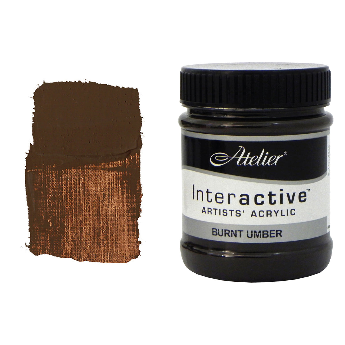 Chroma Atelier Interactive Acrylic Paint 250ml Burnt Umber: jar beside a thick painted swatch of a deep chocolate brown