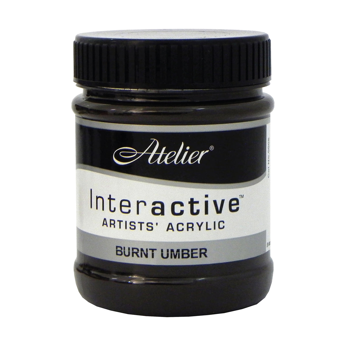 Chroma Atelier Interactive Acrylic Paint 250ml Burnt Umber: front view of the jar, label reading Interactive Artists' Acrylic BURNT UMBER