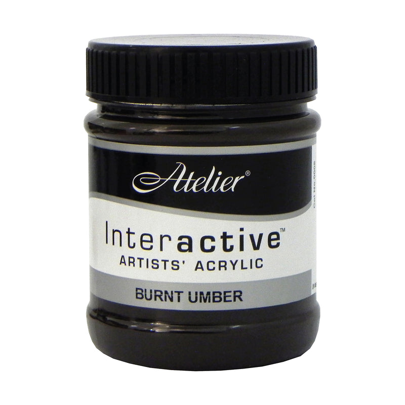 Chroma Atelier Interactive Acrylic Paint 250ml Burnt Umber: front view of the jar, label reading Interactive Artists' Acrylic BURNT UMBER