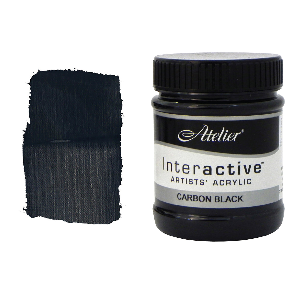Chroma Atelier Interactive Acrylic Paint 250ml Carbon Black: jar beside a thick painted swatch of a dense, neutral black