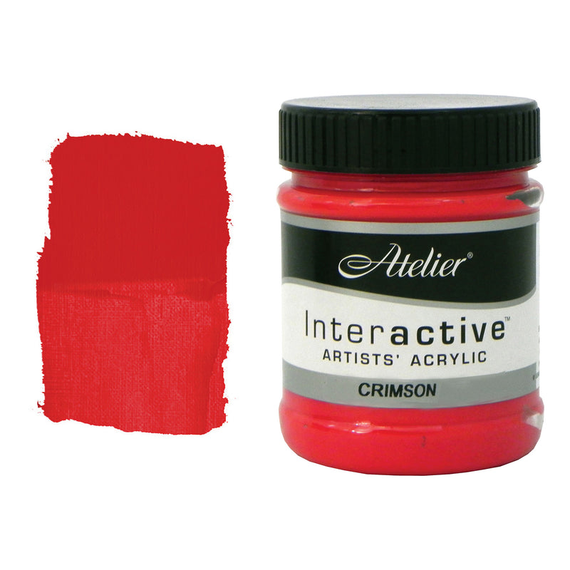 Chroma Atelier Interactive Acrylic Paint 250ml Crimson: second copy of the main image, red-filled jar beside a thick painted swatch of a vivid scarlet-leaning red