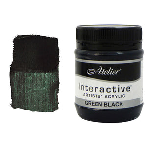 Chroma Atelier Interactive Acrylic Paint 250ml Green Black: jar beside a thick painted swatch of a near-black with a deep green cast