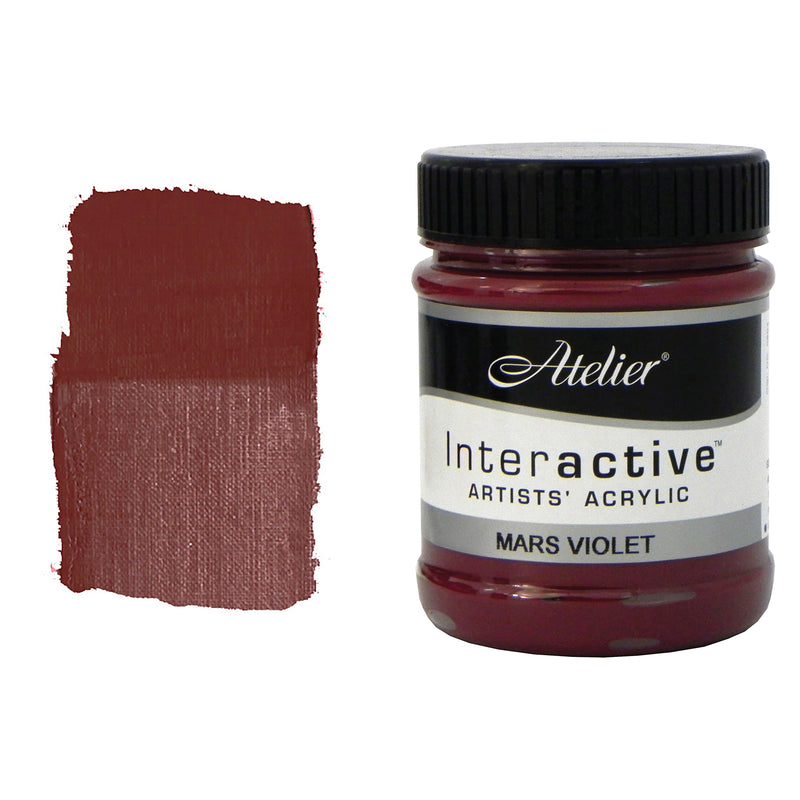 Chroma Atelier Interactive Acrylic Paint 250ml Mars Violet: jar beside a thick painted swatch of a muted maroon with a brownish violet lean