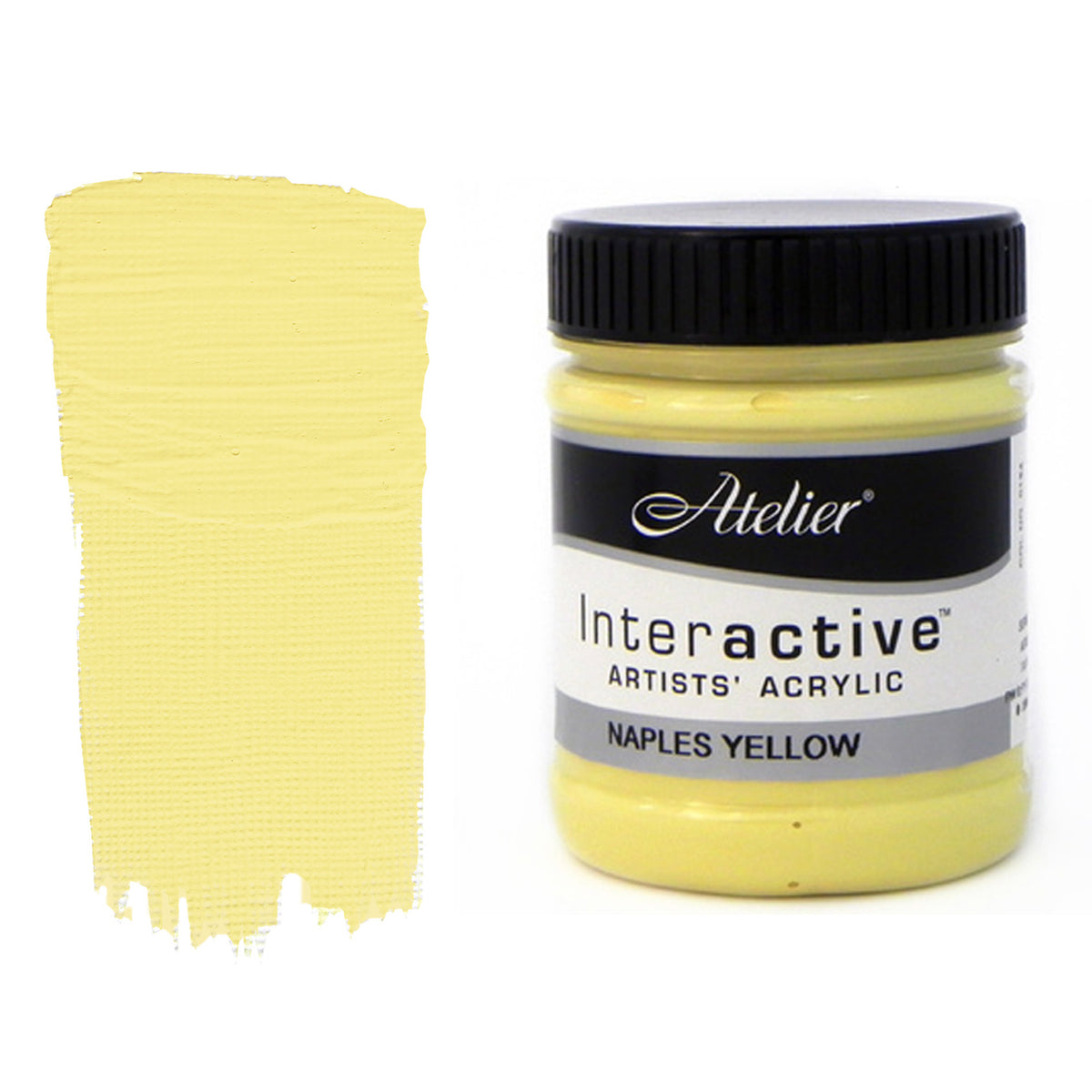 Chroma Atelier Interactive Acrylic Paint 250ml Naples Yellow: jar beside a thick painted swatch of a pale, creamy yellow