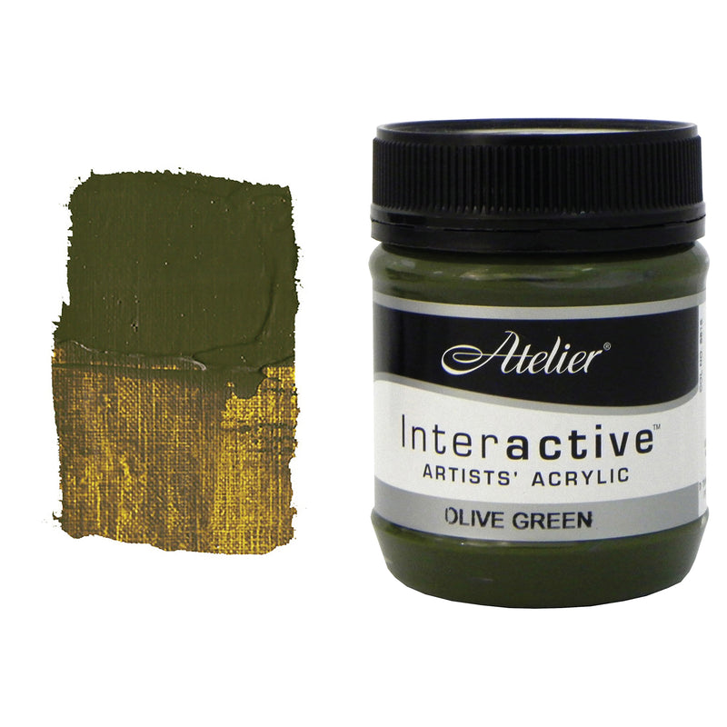 Chroma Atelier Interactive Acrylic Paint 250ml Olive Green: jar beside a thick painted swatch of a dull khaki olive