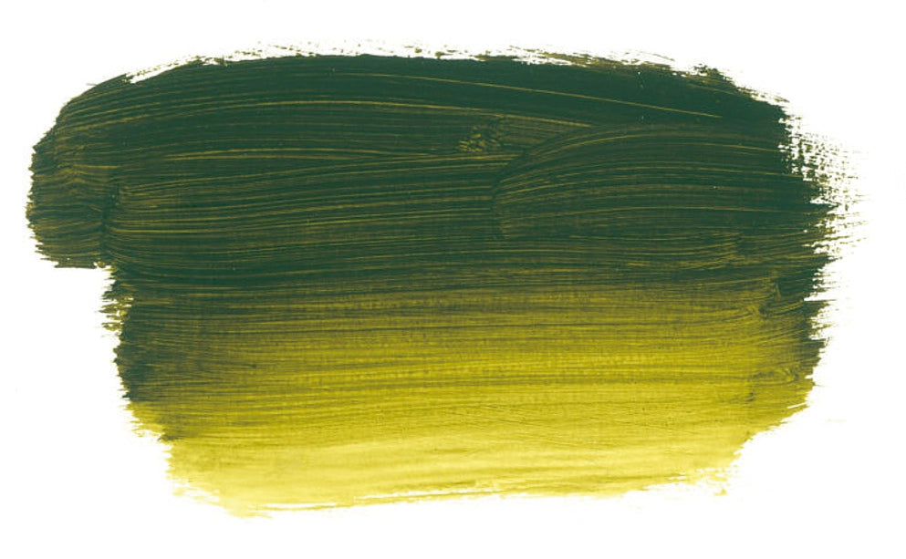 Chroma Atelier Interactive Acrylic Paint 250ml Olive Green: brushed swatch going from a muted olive green to a dark green running to yellow-green