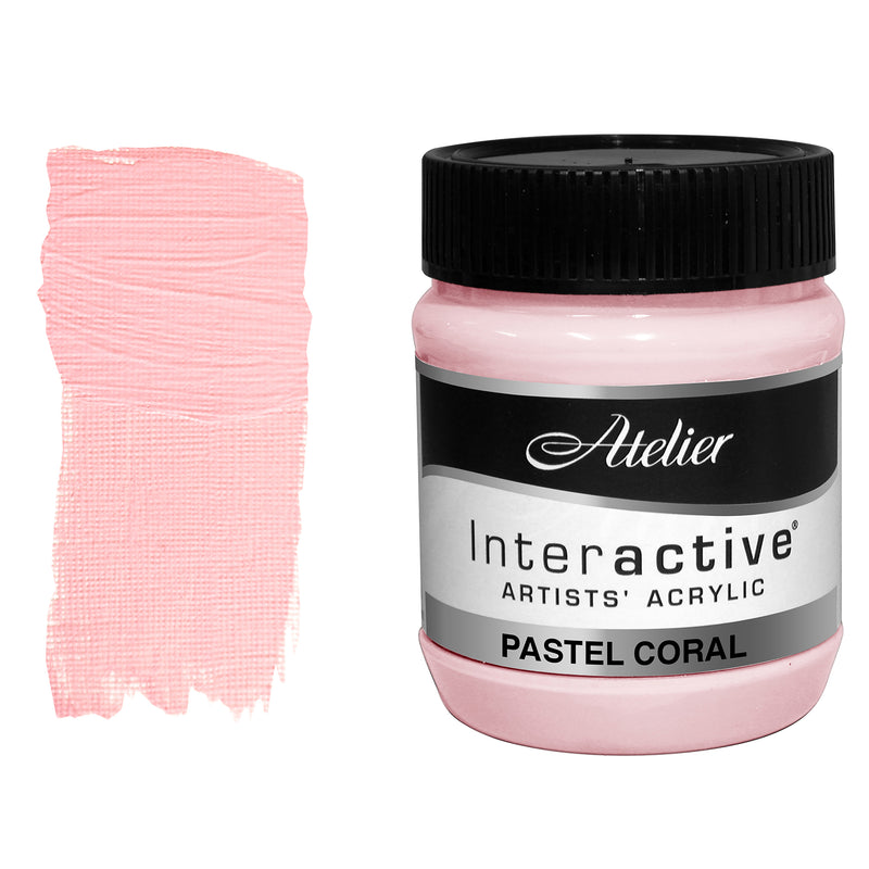 Chroma Atelier Interactive Pastel Coral 250ml jar with black screw lid beside a painted swatch showing a soft blush pink with a coral warmth