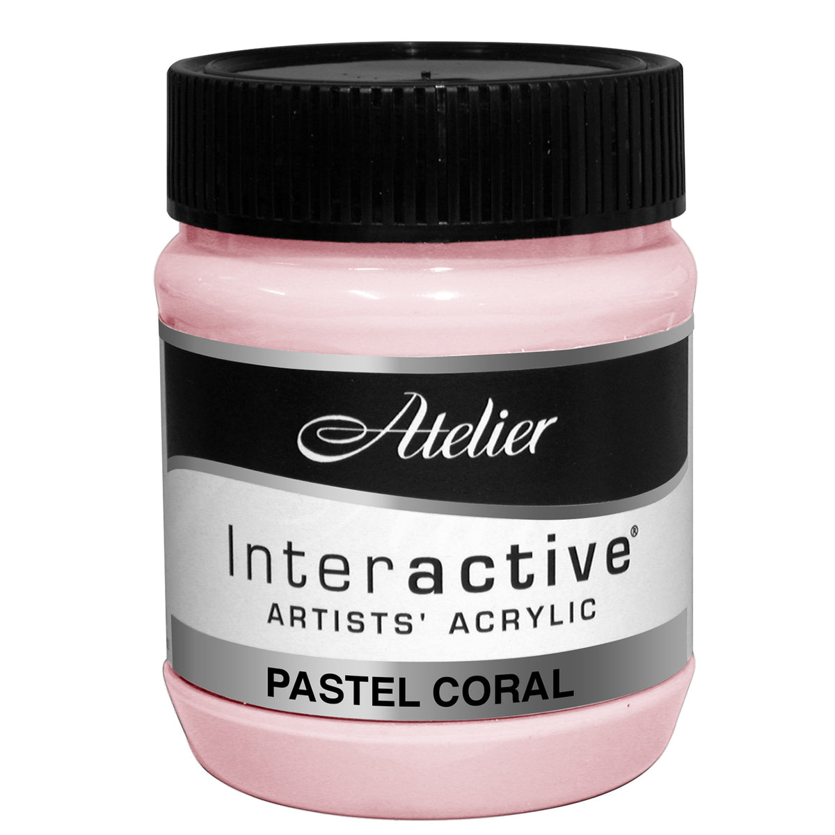 Chroma Atelier Interactive Pastel Coral 250ml jar on its own, black screw lid, front label reading Atelier, Interactive Artists' Acrylic and Pastel Coral