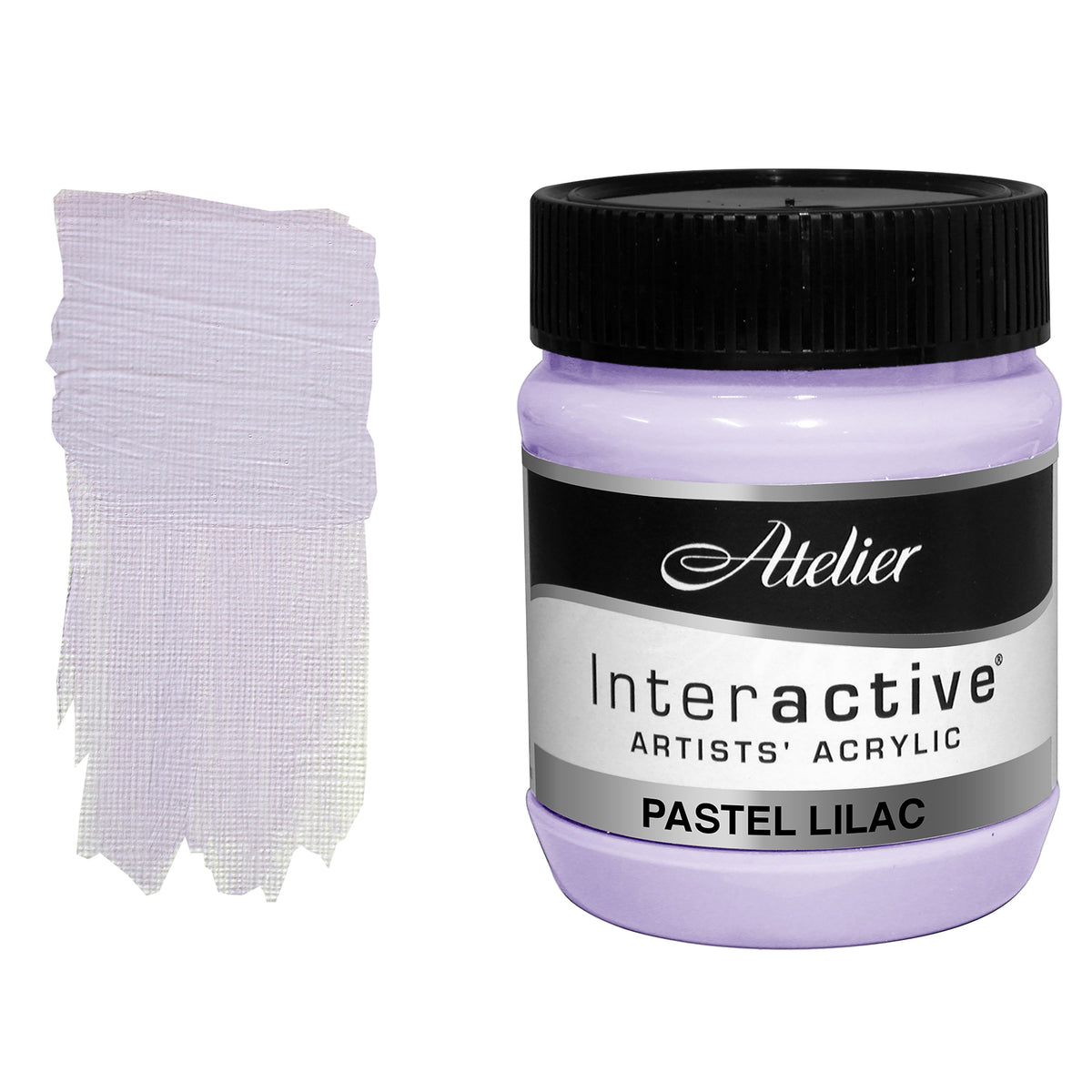 Chroma Atelier Interactive Pastel Lilac 250ml jar with black screw lid beside a painted swatch showing a soft, pale lavender